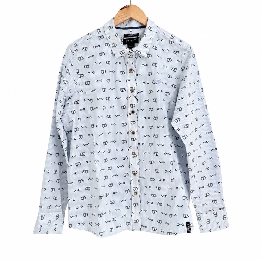 Ariat NWT Women's Sz XL Bit Up Shirt US Equestrian Long Sleeve White/Blue Stripe
